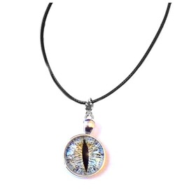 Gregory Crafts & Gifts Dragon Eye Silver Pendant Necklace Hangs From Black Cord, Glass Dome Mythical Necklace - Handcrafted