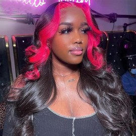 zikria Wave Ombre Lace Frontal Wig Human Hair Wigs 13X4X1 Pink Red Human Hair Lace Frontal Wigs for Black Women Pre Plucked Hairline 150% Density 22inch T Part Transparent Lace Front Wigs Human Hair