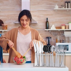 ZZDWLDHA Acrylic Cutlery Storage Organizer Holder Silverware Caddy for Kitchen Countertop -Holds Fork, Knife, Spoon, Silverware - 6 Divided Sections Transparent