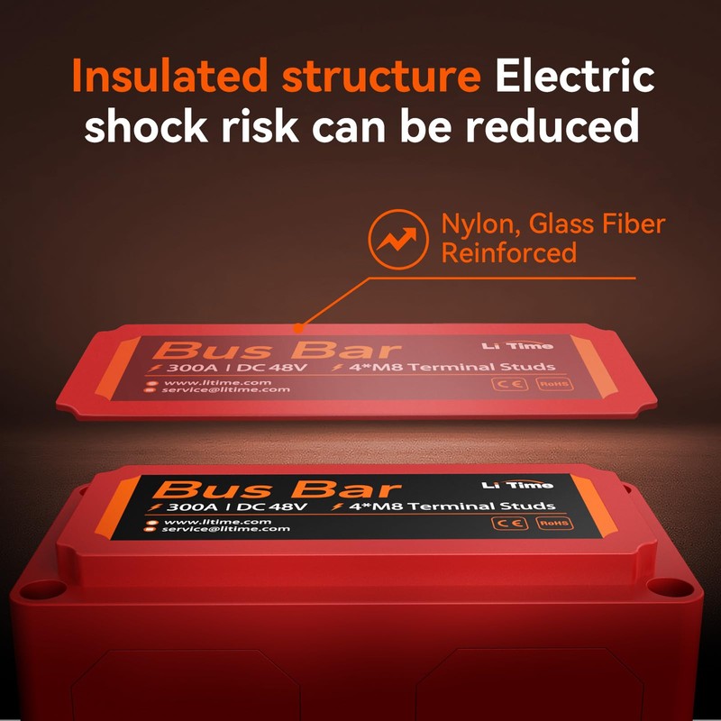 LiTime 300A Bus Bar (Red) 4*M8 Terminal Posts for LiFePO4