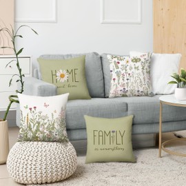 MEHOFOND Spring Vintage Floral Pillow Covers 18x18 Inch Sage Green Throw Pillow Covers Home Sweet Home Pillowcase Farmhouse Pillow Covers Outdoor Decor Cushion Case for Sofa Couch Set of 4