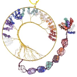 mookaitedecor 7 Chakra Tree of Life Healing Crystals Stone Wall Holder for Home Textiles, Wire Wrapped Home/Office Ornament 60 cm