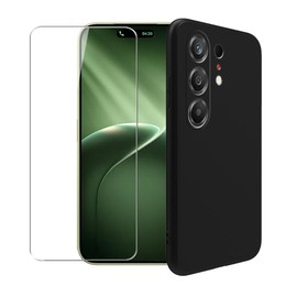 WDMYLFTW Case for Tecno Camon 50 Pro 4G + Glass Screen Protector Tempered Film - Transparent Silicone Soft Flexible Bumper Shockproof TPU Protective Cover Shell (Black)