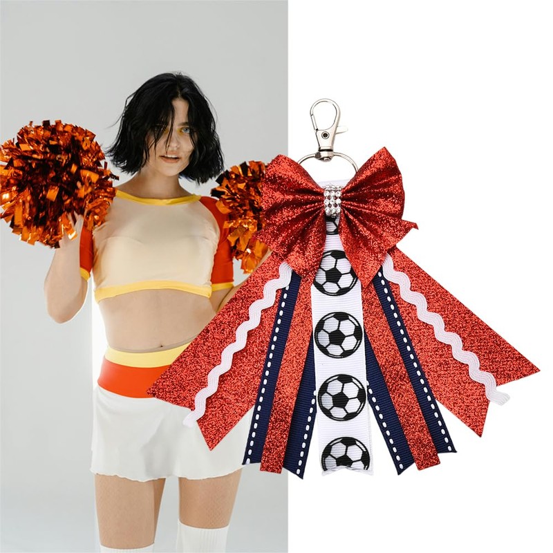 Red Glitter Soccer Cheer Mom Bow Keychain for Women Soccer