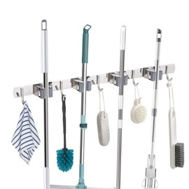 AACGIN Mop and Broom Holder Wall Mount 19 Inch Stainless Steel Heavy Duty Broom Hanger Wall Mount 4 Racks with 5 Hooks Utility Broom Organizer Wall Mount for Kitchen Garden Laundry Garage - Silver