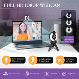 Ziqarr FHD 1080p All-in-One Webcam with Light and with Built-in Noise Reduction Microphone, Privacy Cover, Mini-Tripod and 110° Field of View for Streaming, Conferencing, Meetings and Gaming