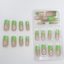 MERVF Square Press on Nails Medium Light Green French Tip Fake Nails Flower Squoval Press ons Acrylic Nails 24pcs Glossy False Nails
