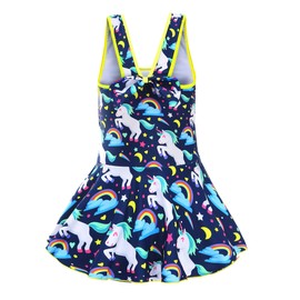 KuKiee Traje de baño de una pieza con estampado de estrellas y unicornio arcoíris, Azul oscuro, 5-6