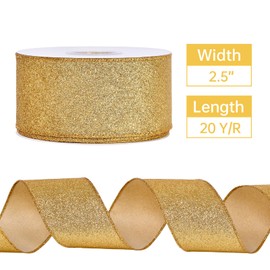 YAMA Glitter Wired Ribbon, Gold, 2-1/2 inch x 20 Yards, for Christmas, Gift Wrapping, Wreath, Crafts, Bow Making and Party Decoration
