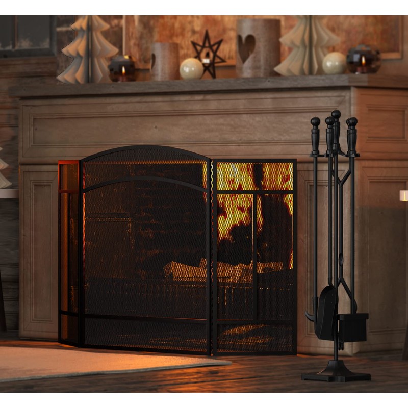 Fire Beauty Fireplace Screen 3 Panel Wrought Iron 48"(L) x