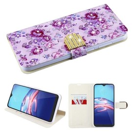 For Moto E, E7 (2020) Purple Leather Wallet Case Cover Flip Stand Diamond Clip