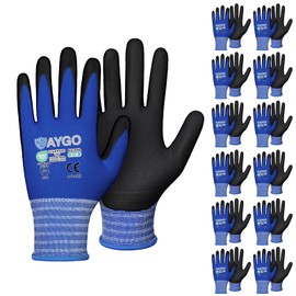 KAYGO Safety Work Gloves MicroFoam Nitrile Coated, 12 Pairs, KG18NB,Seamless Knit Nylon Glove with Black Micro-Foam Nitrile Grip,Ideal for General Purpose,Automotive,Home Improvement,Blue,M