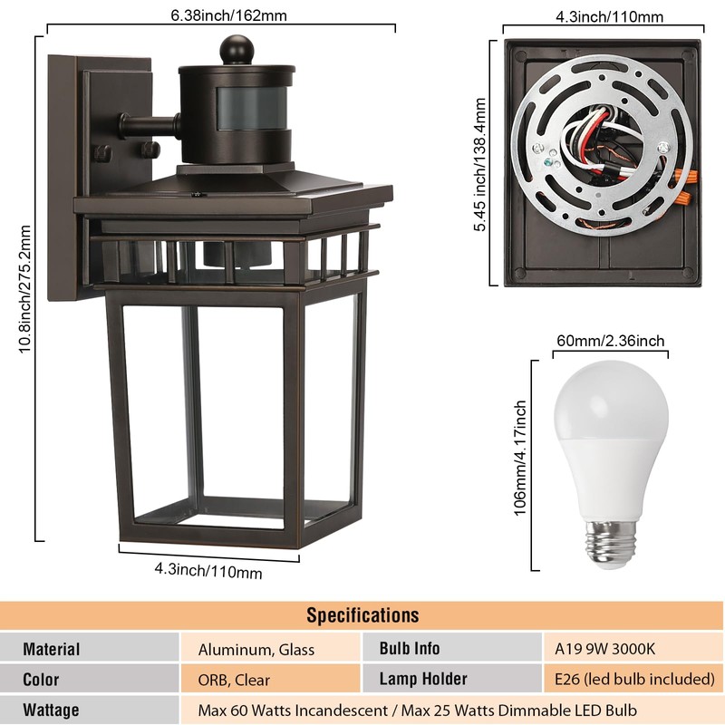 Motion Sensor Outdoor Wall Lantern with Remote Control, Dusk to