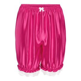 Satini Frilly Lace Sissy Ruffled Victorian Lolita Bloomer Shorts Silky Satin Pumpkin Pantaloon Pettipants (Hot Pink, S)