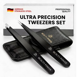 Beauty Power - Juego de pinzas profesionales de 2 pulgadas, de acero inoxidable alemán, de ultra precisión, para cejas, depilación facial y encarnada (negro mate, juego de 2 pulgadas)