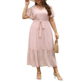 Nemidor Womens Casual Plus Size Boho Print Belted Layered Chiffon Long Dress with Ruffle Sleeve NEM310(20,Lightpink Leopard)