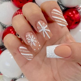 Christmas Press on Nails Long Coffin Fake Nails with Silver Stripe Glitter Designs French tips Glue on Nails Snowflake Gift Stick on Nails Glossy Reusable Xmas False Nails for Women Girls Manicure