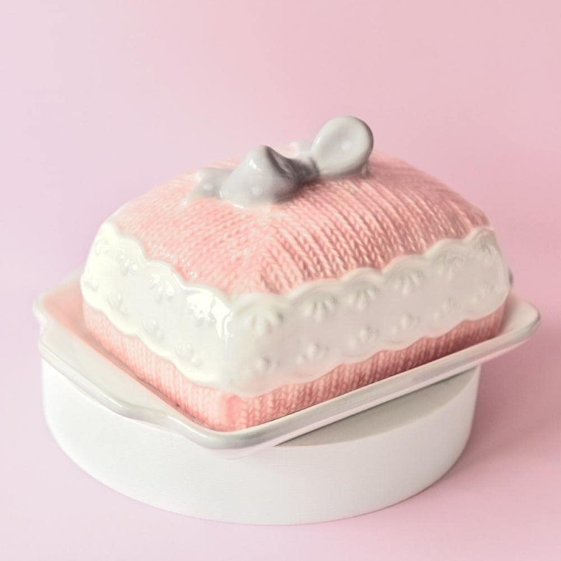 Gaolinci Cute Sweater Bow Butter Dish, Pink Ceramic Dessert Dish