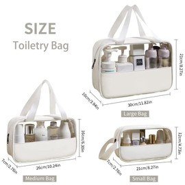 Travel Toiletry Bag 3 Pack/Size Waterproof Clear PVC and PU Splicing Cosmetic Bag Hanging Makeup Organizer Bag Portable Travel Bag for Bathroom, Vacation (White)