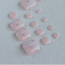 Glitter Flower Press on Toenails Short Fake Toenails White French Tip Press on Toe nails Press ons Cute Silver Stick on Toenails Acrylic Glue on Toenail Summer Toe nail for women 24Pcs
