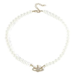 Pearl Saturn Necklace for Women Rhinestone Pendant Planet Choker Retro Necklace Artificial Pearl Necklace Dainty Rhinestone Faux Saturn Pearl Necklace Birthday Party Anniversary Ladies' Wedding Pearl Bead Chain Crystal Choker Charm Jewelry Gift (Gold Sat