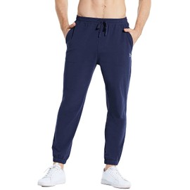 BALEAF Pantalones de algodón para hombre, para correr, casuales, tobilleros, ligeros, Azul marino/flor y brillo, Small