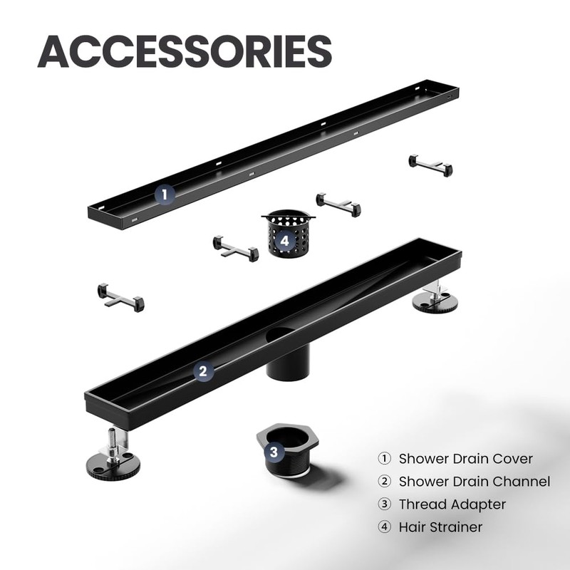 LISEEGO Linear Shower Drain 28 Inch Black, Brushed AISI 304