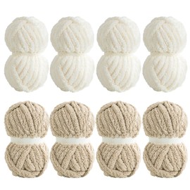 8 Pack Super Bulky Chunky Chenille Yarn for Hand Knitting,Big Yarn for Chunky Blanket,Large Thick Arm Knitting Yarn,Fluffy Soft Plush Jumbo Yarn Crocheting,Cream & Khaki