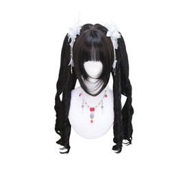 Laubao Shopping Gothic Lolita Twin-Tail Cosplay Wig, Wavy, Long Curl, Black, Perm, Curly Hair, Princess Cut, Mine-style, Harajuku Style, GAL, Wig, Halloween Costume, Princess, Mori Girl, Small Face,