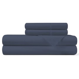 Pizuna Cotton Sheets Split King Size, 100% Long Staple Cotton Percale with 15in Deep Pocket (Dark Blue)