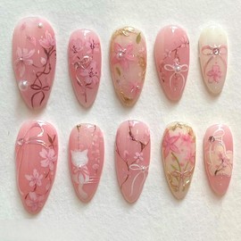 24pcs Flower Press on Nails Medium Almond Fake Nails Peach Blossom Press on 3D Pearl Bow False Nails Cute Cat Stick on Nails Full Cover Artificial Nail Acrylic Fingernails for Women Manicure