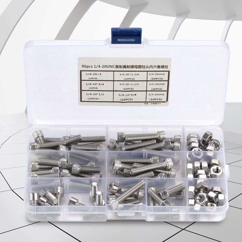 90pcs 1/4-20UNC Stainless Steel Hex Socket Cap Head Bolts Hex