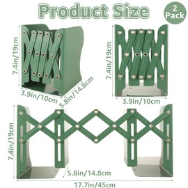 CYEAH 2 Pcs Adjustable Book Ends, Green Bookends for Shelves, Metal Book Ends for Heavy Books, Book Holders Organizer for Desk, Extends Up to 17 Inches Used in Office, Desk and School