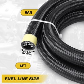 6AN Braided Fuel Line - 3/8" x 6FT Transmission Cooler Hose for Power Steering, Nylon CPE Hose for Oil, Gas, Air and Lubricant (Black)