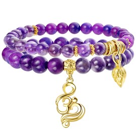 Bivei Beaded Bracelets Lotus OM Yoga Crystal Healing Stone Bracelet 7 Chakra Natural Reiki Semi Precious Amethyst Gemstone Stretch Bracelets Set for Women Meditation Anxiety Stress Relief Jewelry(Sugilite and Dog-Tooth Amethyst)