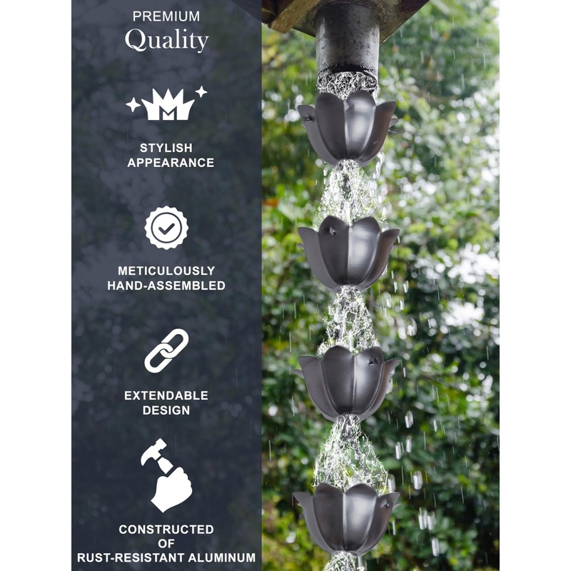 Monarch Rain Chains Aluminum Lotus Pewter Rain Chains for Gutters