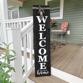 MODE HOME Large Vertical Welcome Sign for Front Door Porch, 47x10 Inch Solid Wood Farmhouse Porch Decor, 3D Raised Letters Rustic Welcome to Our Home Sign with Beads & Bow, No Assembly Required, Black