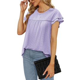 Short Sleeve Tops for Women 2025 Summer Fashion U Neck Blouse Flowy Pleated Tiered Babydoll Tunic Shirts Purple L