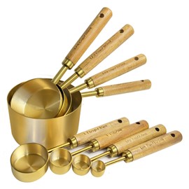 Gold Measuring Cups and Spoons Set,8 Piece Premium Stainless Steel Measuring Cups with Wood Handles,4 Stackable Wooden Measuring Cups and 4 Measuring Spoons Set for Baking Supplies in the Kitchen