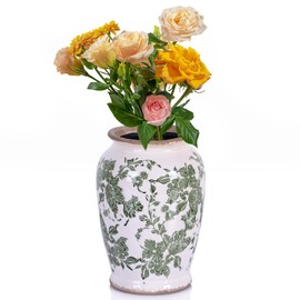 orenm Vintage Ceramic Terracotta Pottery Vase,Floral Print Vase,Farmhouse Rustic Décor,Home Office Bedroom Bookshelf Decor Porcelain Vase Chinoiserie Decor Gifts for Adults Mom Unique Flower Vase (B)