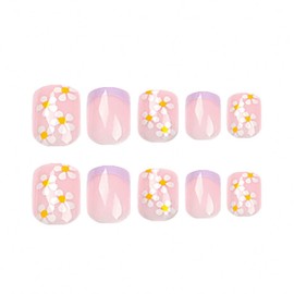 RikView French Press on Nails Short Fake Nails Purple Nails with Flower Design Square Acrylic Nails