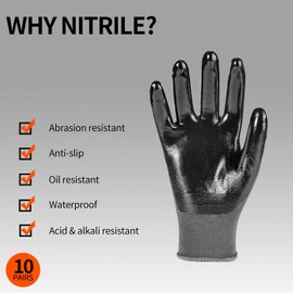 Vgo... 10Pairs Work Gloves Nitrile Coated, Gardening Gloves Non-Slip Utility for Garden Assembly Logistic, Latex Free(Black,XL,NT2110)