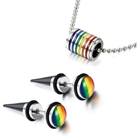 Aroncent, 2-4 Pieces, Men's/Women's Jewellery Set, Leather Bracelet, Rainbow, Charms Necklace, Bangle, Stainless Steel, Dog Tag, Ball, Circle, Spike, Stud Earrings, Multicoloured, Stainless Steel