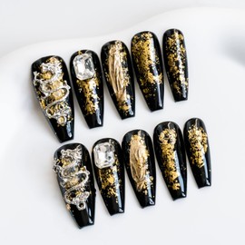 Sun&Beam Nails Handmade Long Coffin Ballerina Black Gold False Nail Tips with Cute 3D Dragon Popular Charm Design Press On Nails 10 Pcs (#52 S)