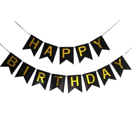 Atraerte Happy Birthday Banner | Feliz cumpleaños, Bandera | Happy Birthday Banner Decoration | Birthday Party Decoration | Pancarta banderines para Colgar，Reusable （Negro + Gold Font）