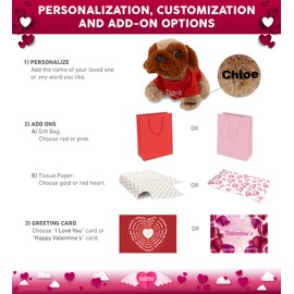 DolliBu I Love You Valentine Plush Brown Pug Dog - Cute Stuffed Animal with Red Shirt and Name Personalization Gift for Valentines Day, Birthday, Anniversary, Romantic Date - 8 Inches