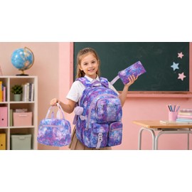 VANKANY School Backpack for Girls, Cute School Bag with Lunch Box & Pencil Case Gift for Kids, Teen Girl Bookbag for Elementary Middle High School Aesthetic Back Pack for Children, Starry Sky