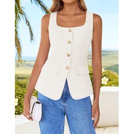 ZESICA Women's 2025 Summer Casual Sleeveless Suit Vest Square Neck Button Down Work Business Blazer Vests Waistcoat,Ivory,Medium