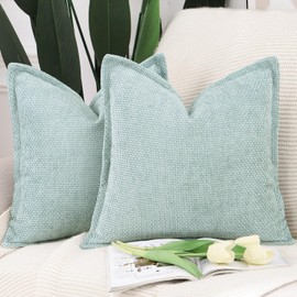 Madizz Set of 2 Chenille Velvet Cushion Covers with Flange Soft Boho Textured Throw Pillow Covers Broadside Pillowcases Modern Farmhouse Home Decor for Sofa Bedroom Aqua Green 18x18 inch, 45x45 cm