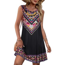 Summer Dresses for Women Beach Boho Sleeveless Vintage Floral Flowy Pocket Tshirt Tank Sundresses(Black Boho Floral, 2XL)